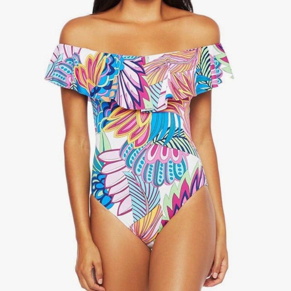 Trina Turk Paradise Plume Tropical Off Shoulder Ruffle One-Piece Swimsuit Size 2